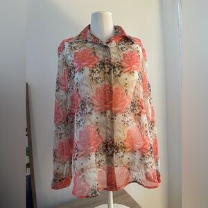 Notations Women’s Sheer Coral Rose Print Button-Up Boho Blouse Size L